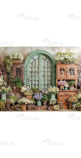 Tło fotograficzne „Miętowe łukowe okno wśród rustykalnych mebli i kwiatów” | E669